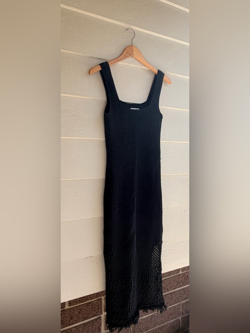 House of Harlow 1960 Black Knit Crochet Fringe Hem Midi Dress